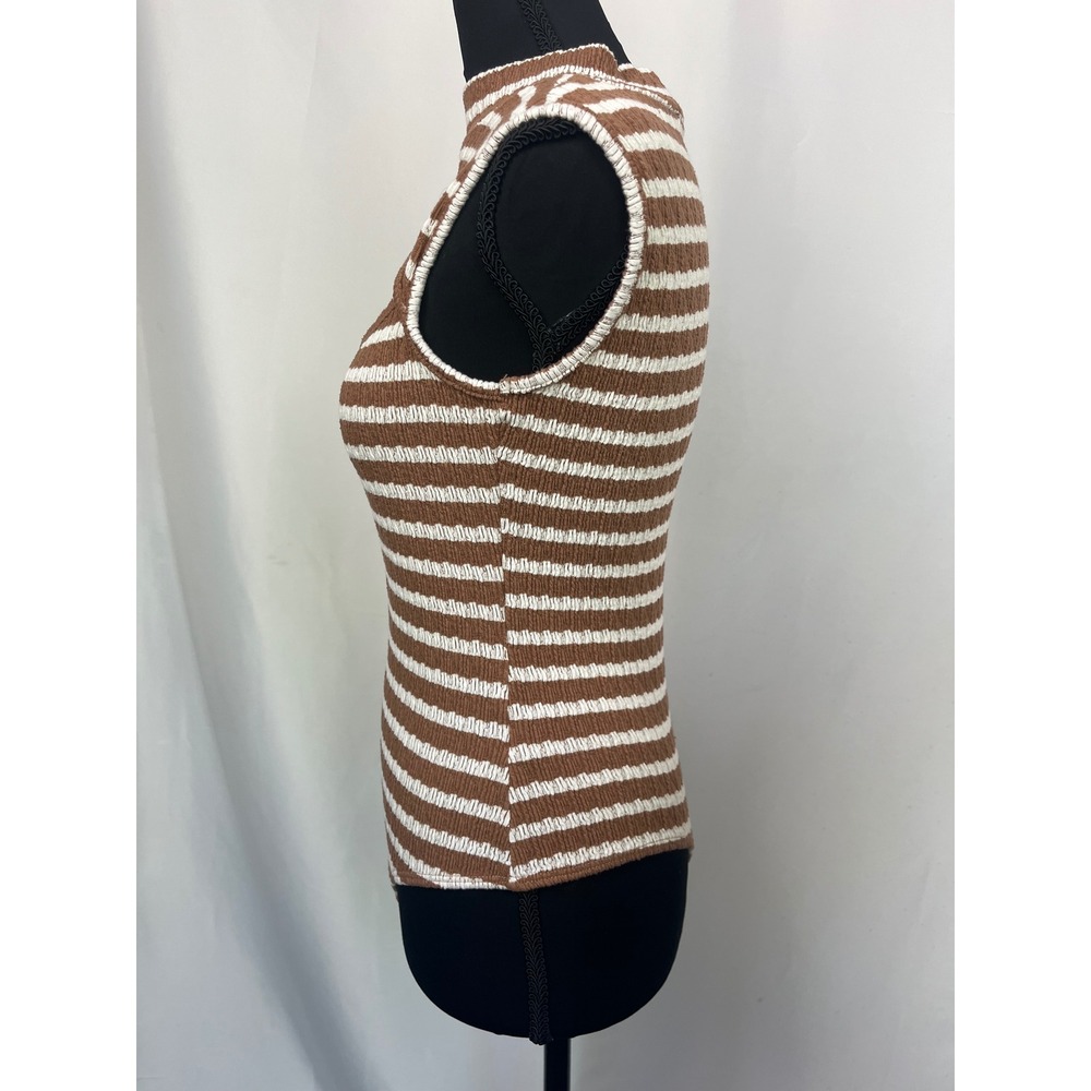 Urban Rose Brown White Striped Smocked Cutout Mock Neck Bodysuit Small 10891 - Picture 3 of 16